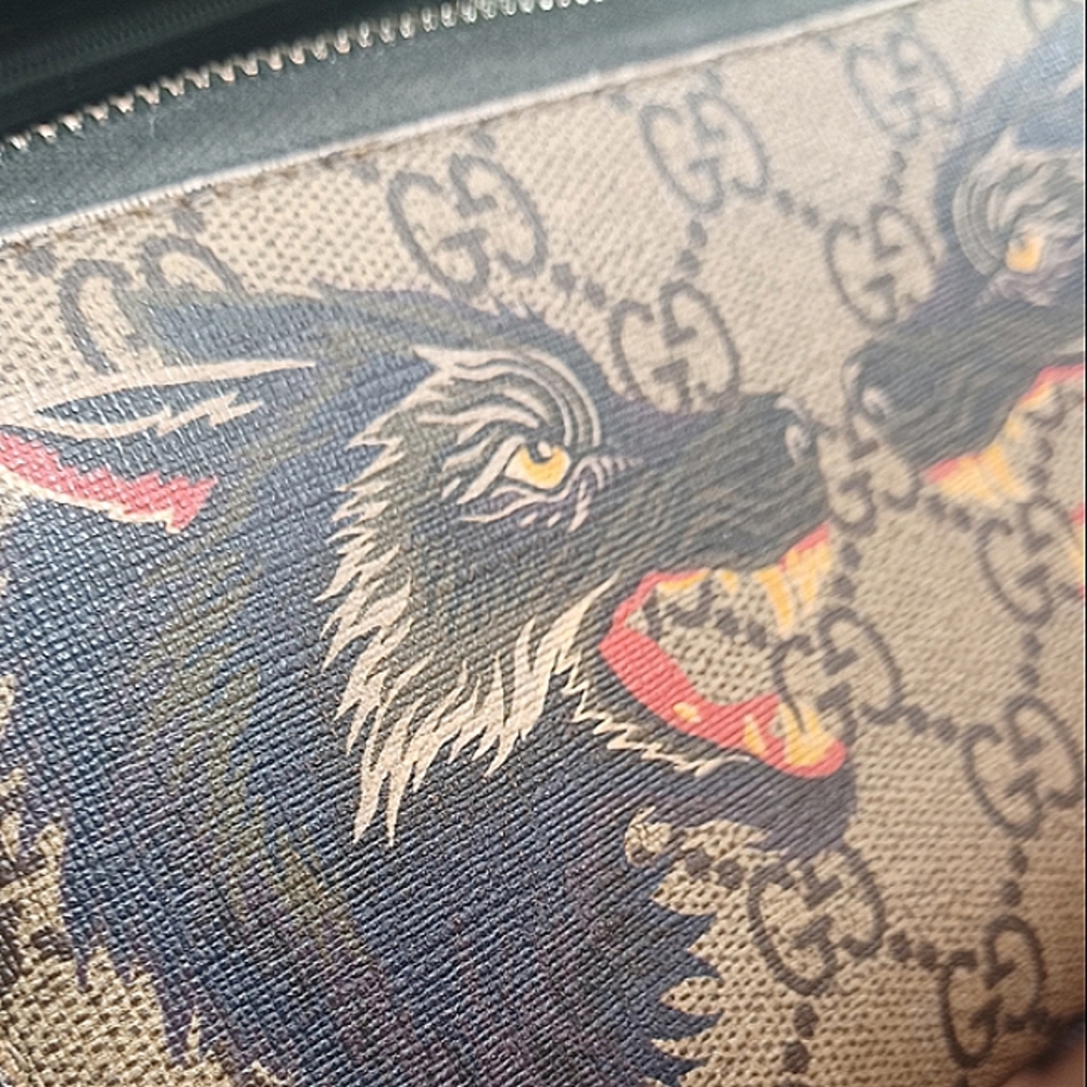 GUCCI GG Supreme Monogram Double Wolf Print Zip Around Wallet Black - Picture 14 of 15